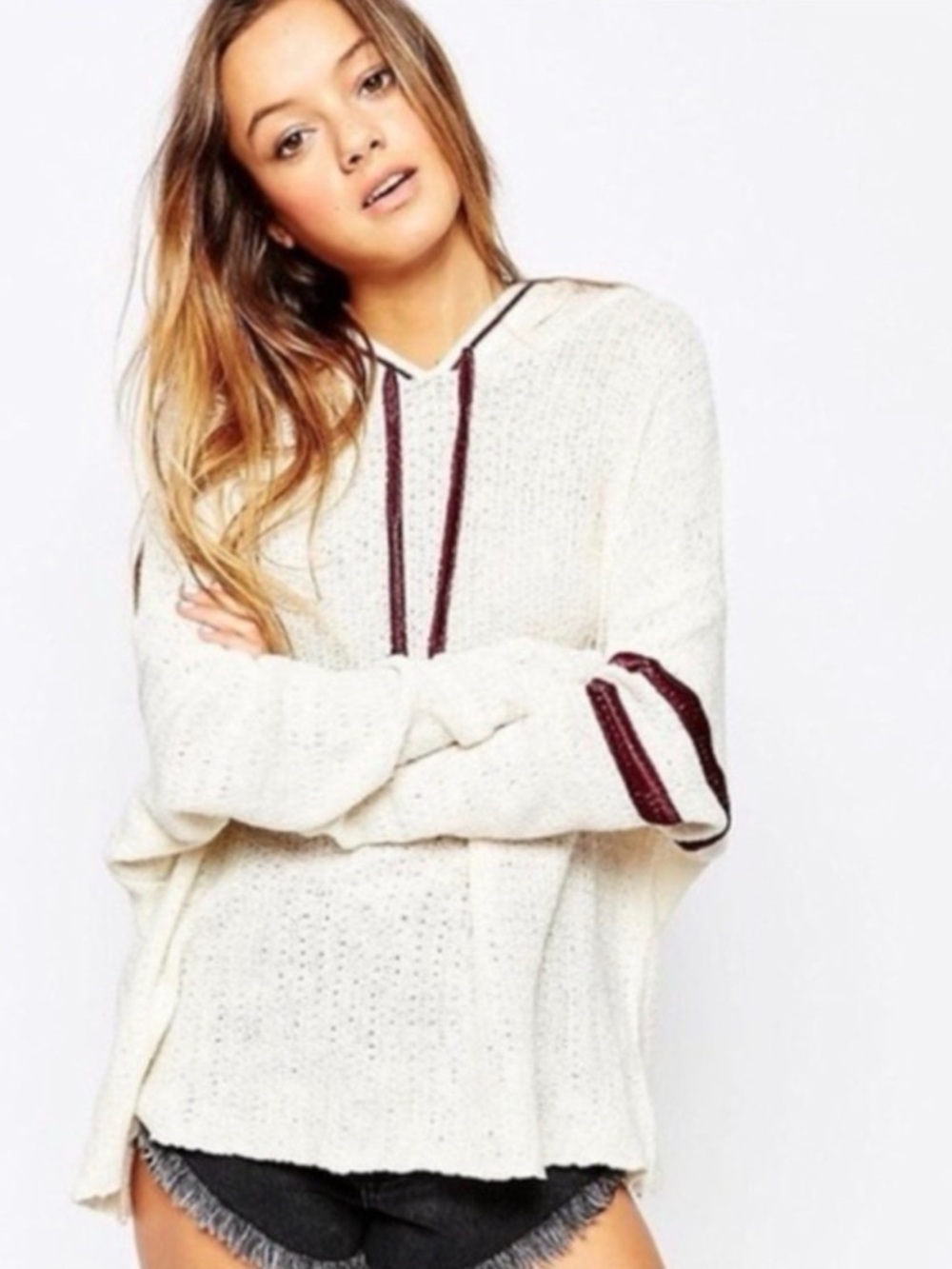 Free People Love All Woven Crepe Hoodie Knit with Maroon Stripe Detail S